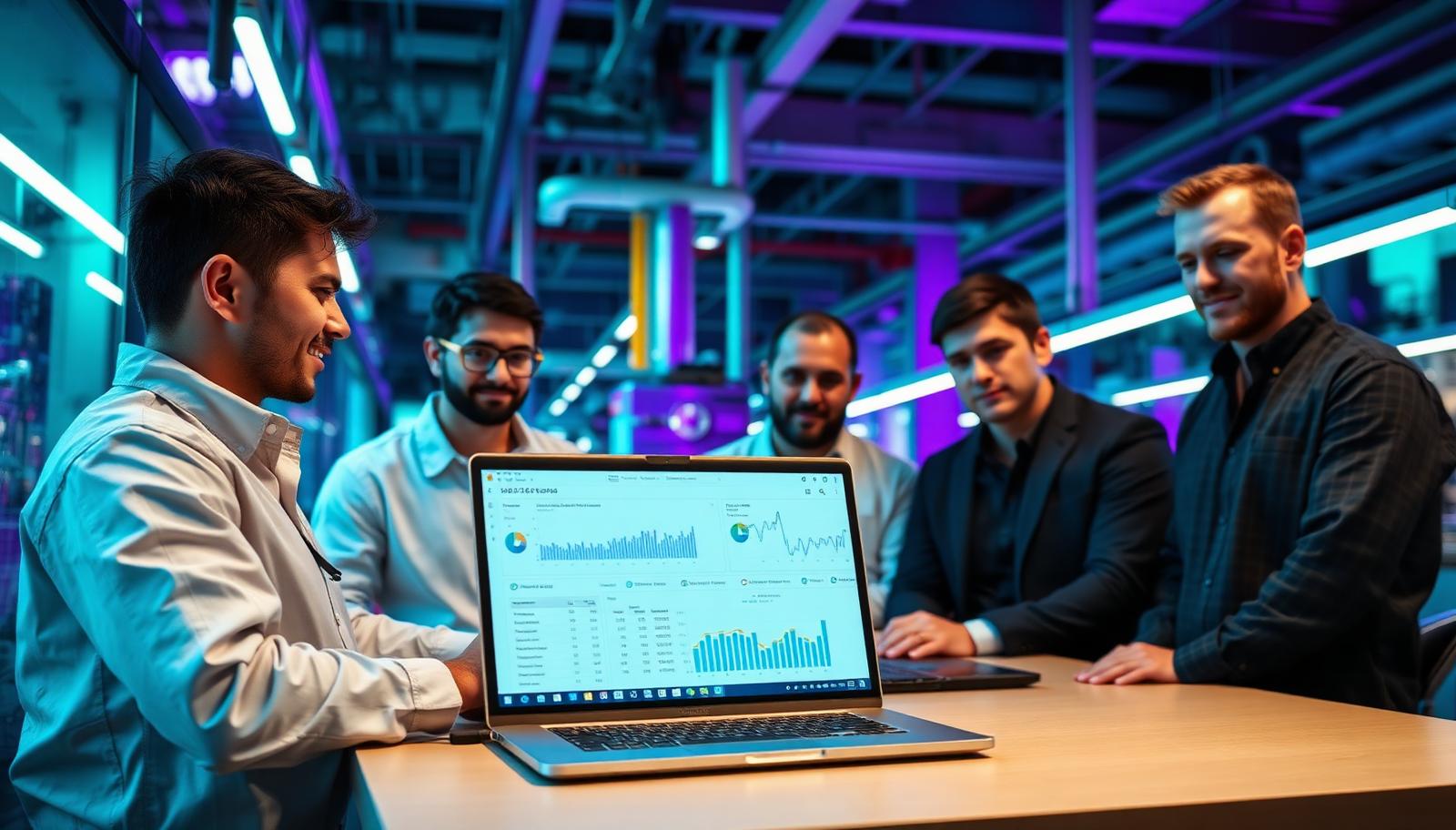 Equipe de engenharia analisando dados comerciais em um chão de fábrica automatizado